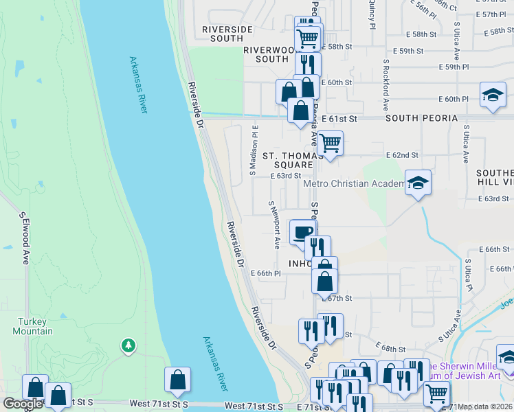 map of restaurants, bars, coffee shops, grocery stores, and more near 6350 South Newport Avenue in Tulsa