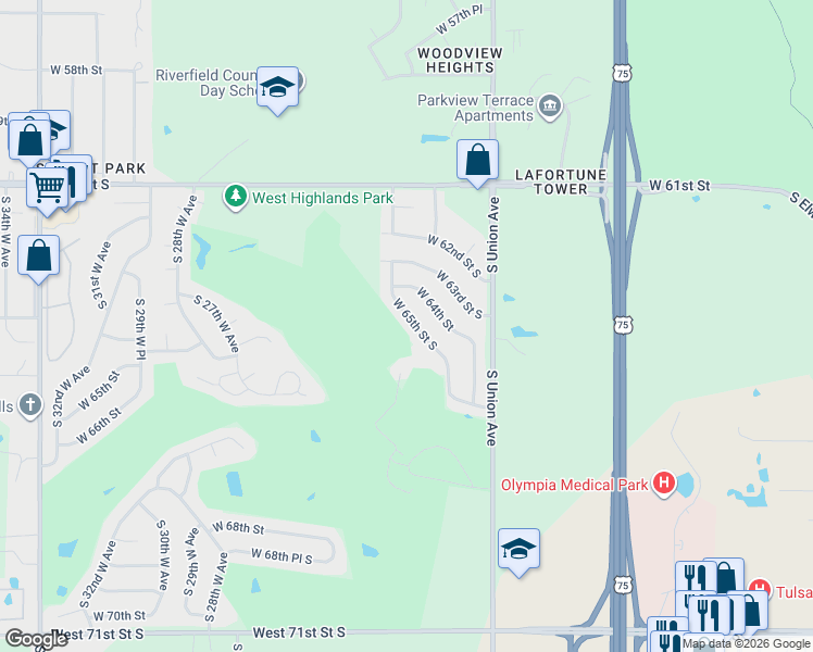 map of restaurants, bars, coffee shops, grocery stores, and more near 1936 West 65th Street South in Tulsa
