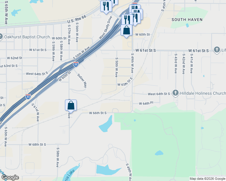 map of restaurants, bars, coffee shops, grocery stores, and more near 5126 West 66th Street South in Tulsa