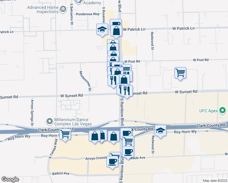 map of restaurants, bars, coffee shops, grocery stores, and more near 102 West Sunset Road in Las Vegas