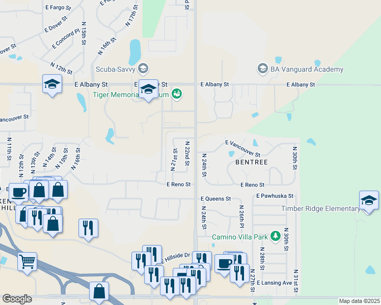 map of restaurants, bars, coffee shops, grocery stores, and more near 2000 North 24th Street in Broken Arrow