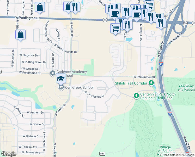 map of restaurants, bars, coffee shops, grocery stores, and more near 3715 West Mountain View Drive in Fayetteville