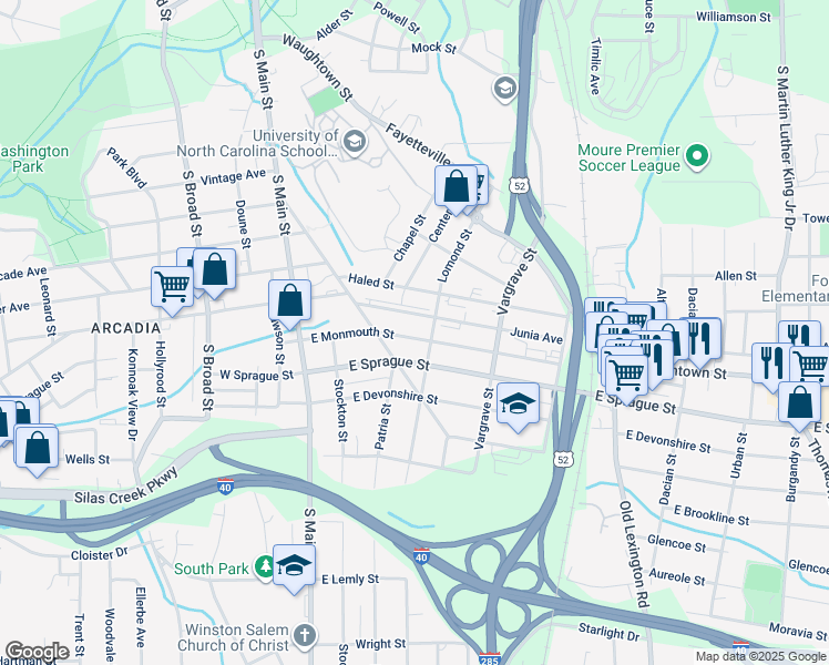 map of restaurants, bars, coffee shops, grocery stores, and more near 235 East Monmouth Street in Winston Salem