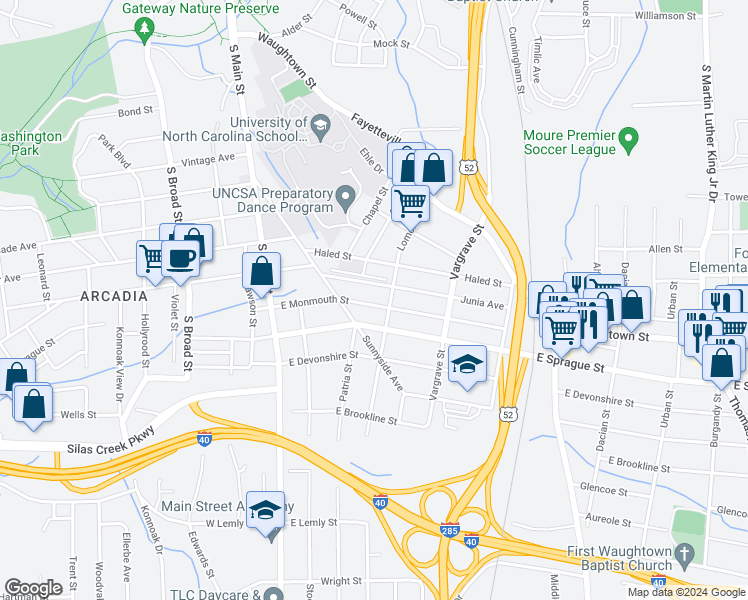 map of restaurants, bars, coffee shops, grocery stores, and more near 235 East Monmouth Street in Winston-Salem