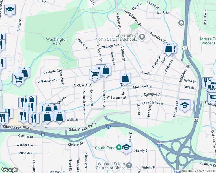 map of restaurants, bars, coffee shops, grocery stores, and more near 2201 South Broad Street in Winston-Salem