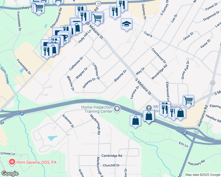 map of restaurants, bars, coffee shops, grocery stores, and more near 2734 Blanche Drive in Burlington