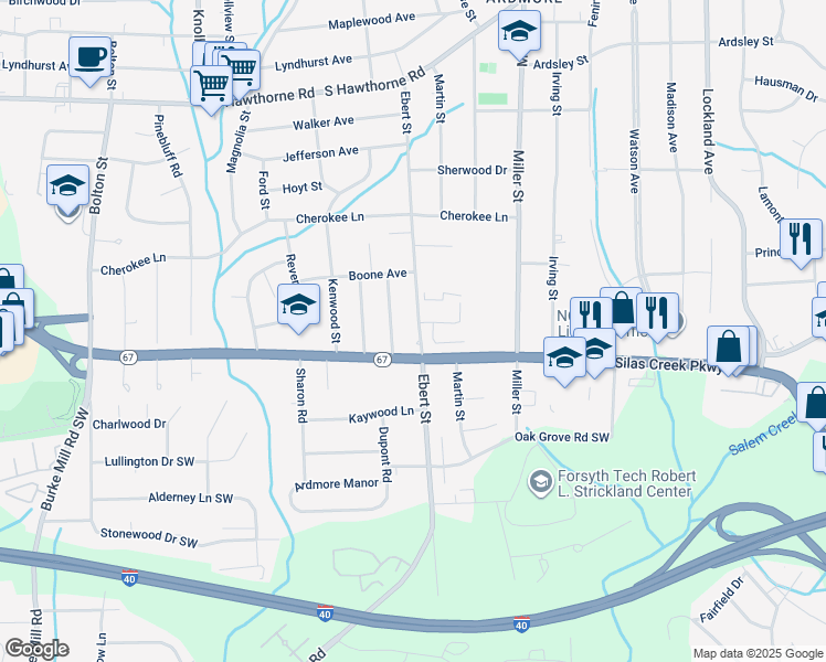 map of restaurants, bars, coffee shops, grocery stores, and more near 1448 Ebert Street in Winston-Salem