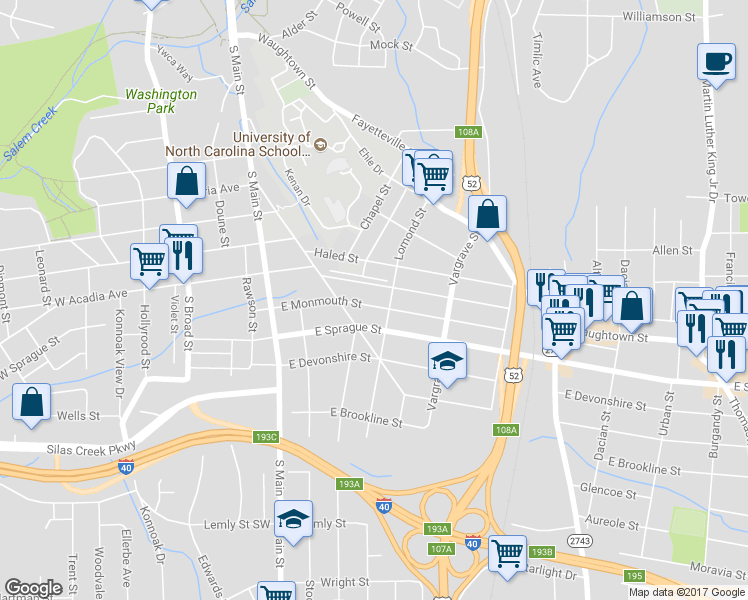 map of restaurants, bars, coffee shops, grocery stores, and more near 235 East Monmouth Street in Winston Salem