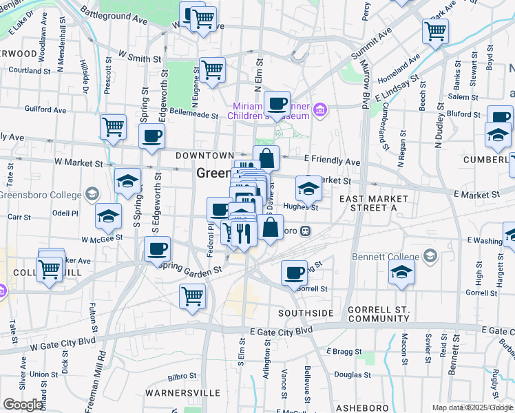 map of restaurants, bars, coffee shops, grocery stores, and more near 221 South Elm Street in Greensboro