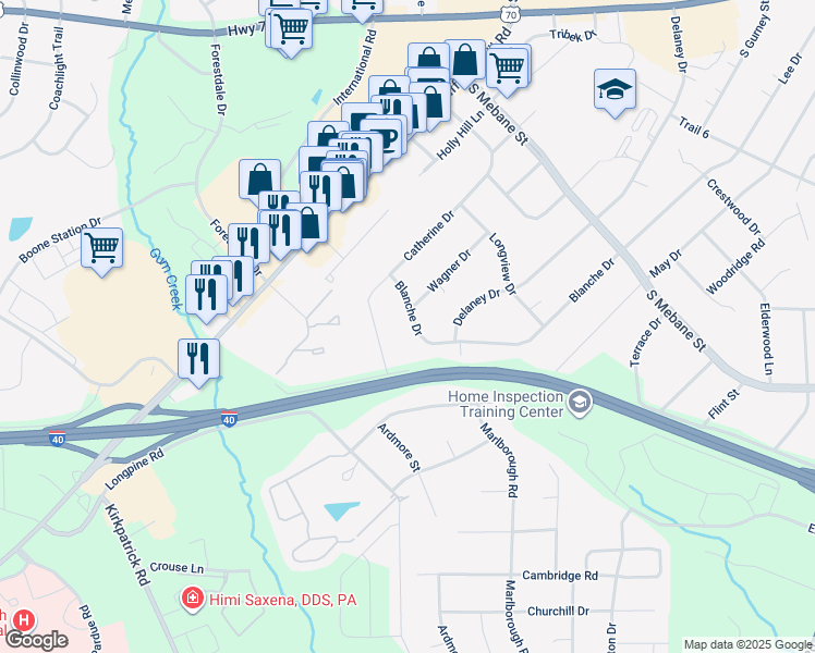 map of restaurants, bars, coffee shops, grocery stores, and more near 2928 Blanche Drive in Burlington