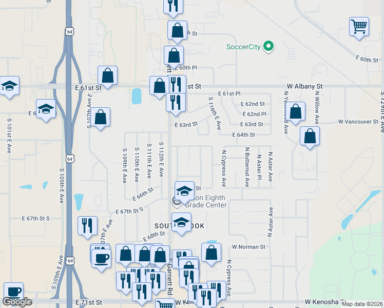 map of restaurants, bars, coffee shops, grocery stores, and more near 1904 North Eucalyptus Avenue in Broken Arrow