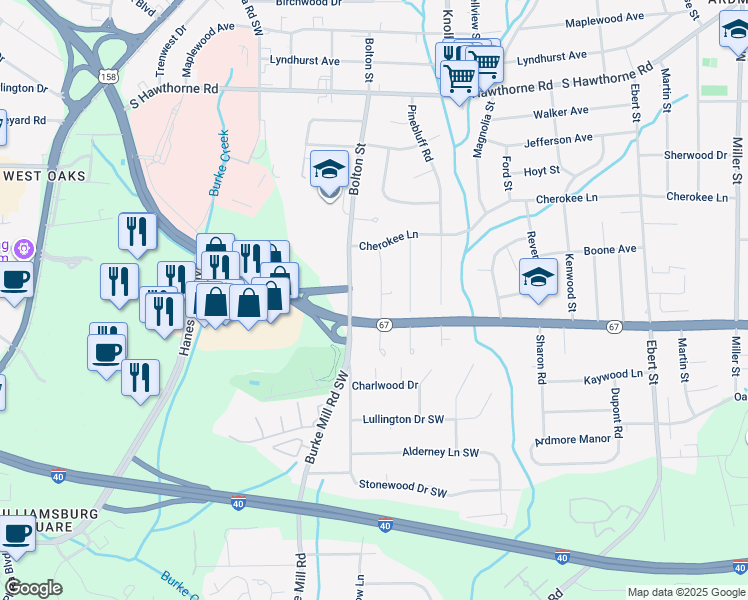 map of restaurants, bars, coffee shops, grocery stores, and more near 1400 Drumcliffe Road Southwest in Winston-Salem