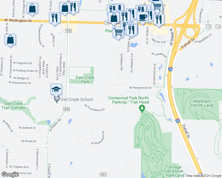 map of restaurants, bars, coffee shops, grocery stores, and more near 3559 West Persimmon Street in Fayetteville