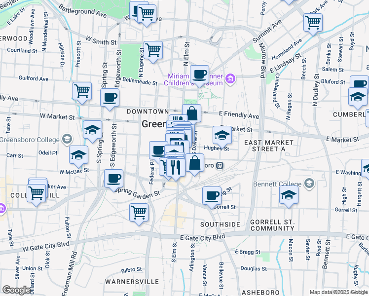 map of restaurants, bars, coffee shops, grocery stores, and more near 221 South Elm Street in Greensboro