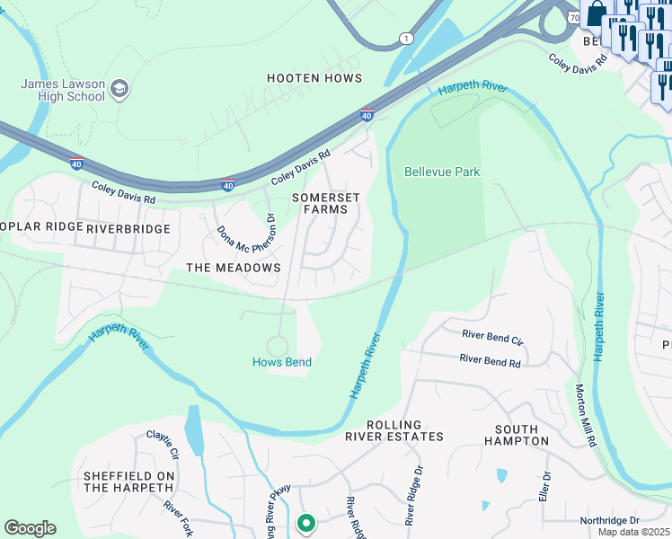 map of restaurants, bars, coffee shops, grocery stores, and more near 6973 Somerset Farms Circle in Nashville