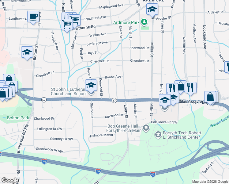 map of restaurants, bars, coffee shops, grocery stores, and more near 1455 Capri Road Southwest in Winston-Salem