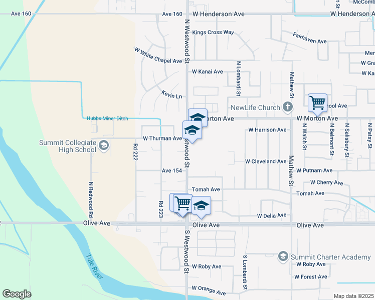 map of restaurants, bars, coffee shops, grocery stores, and more near 264 N Westwood St in Porterville