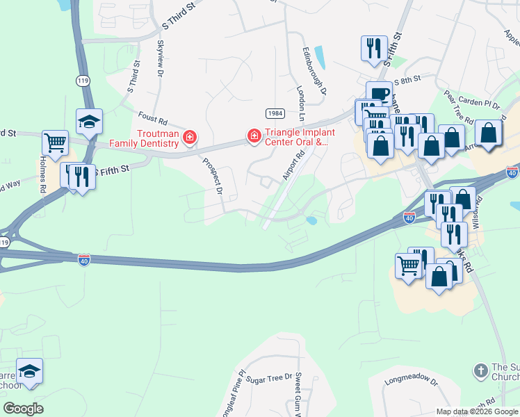 map of restaurants, bars, coffee shops, grocery stores, and more near 1003 Bryant Drive in Mebane