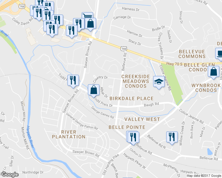 map of restaurants, bars, coffee shops, grocery stores, and more near 819 Williamsburg West Drive in Nashville