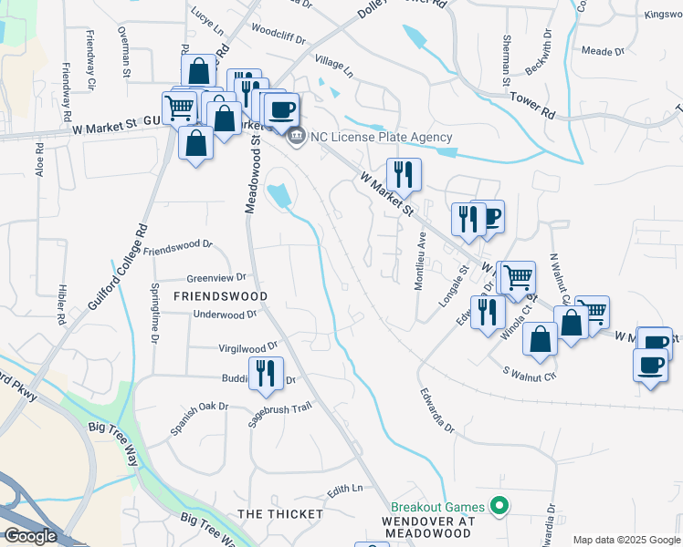 map of restaurants, bars, coffee shops, grocery stores, and more near 5505 Richland Street in Greensboro