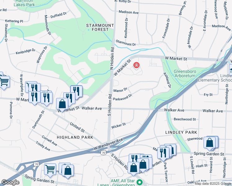 map of restaurants, bars, coffee shops, grocery stores, and more near 3810 Parkwood Drive in Greensboro