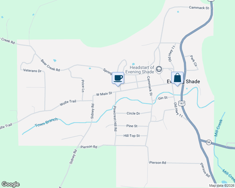 map of restaurants, bars, coffee shops, grocery stores, and more near 215 West Main Street in Evening Shade
