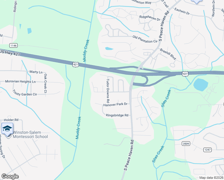 map of restaurants, bars, coffee shops, grocery stores, and more near Village Drive in Winston-Salem