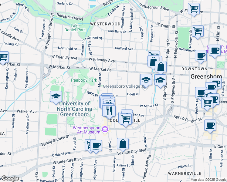 map of restaurants, bars, coffee shops, grocery stores, and more near 930 Carr Street in Greensboro