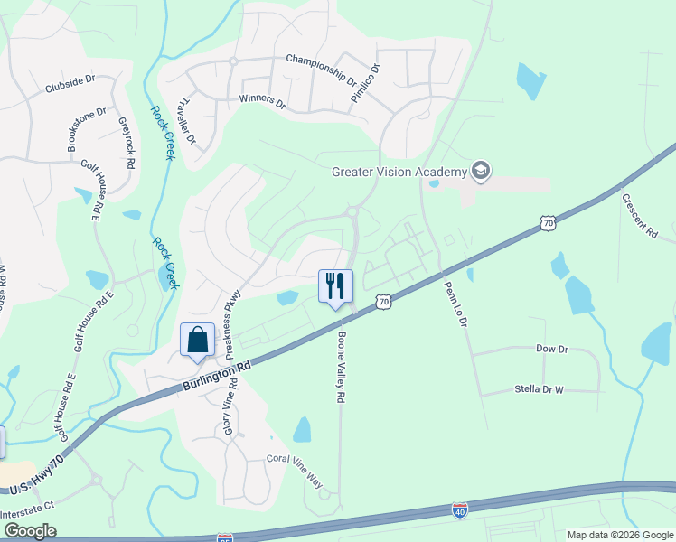 map of restaurants, bars, coffee shops, grocery stores, and more near 6463 Burlington Road in Whitsett