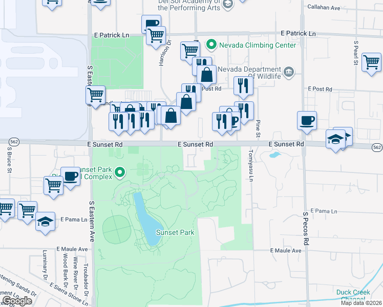 map of restaurants, bars, coffee shops, grocery stores, and more near 3015 East Sunset Road in Las Vegas