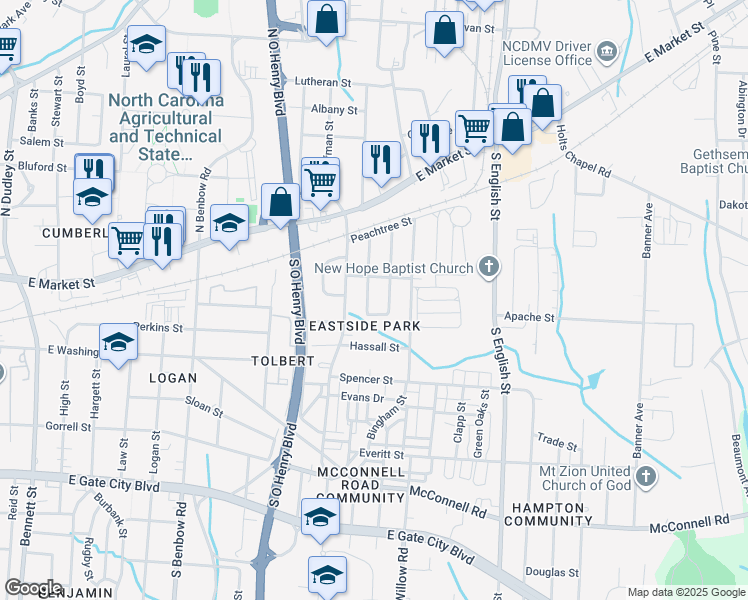 map of restaurants, bars, coffee shops, grocery stores, and more near 320 Gant Street in Greensboro