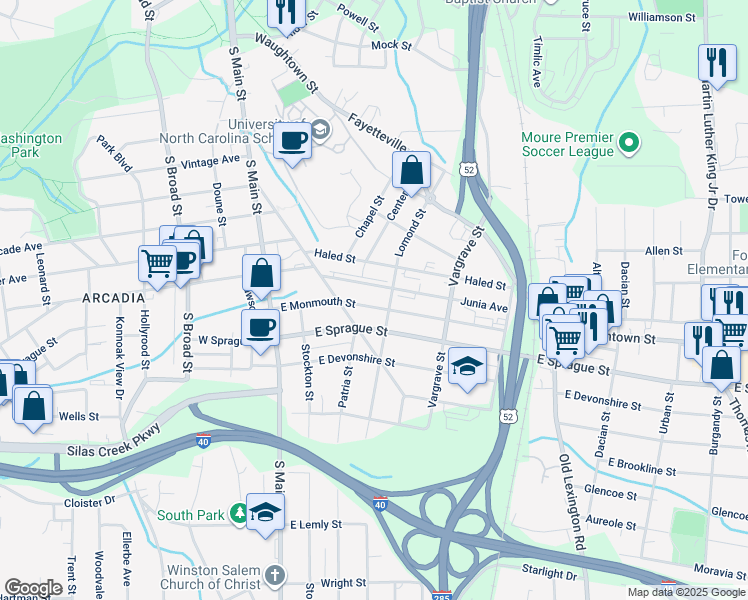 map of restaurants, bars, coffee shops, grocery stores, and more near 226 East Monmouth Street in Winston-Salem