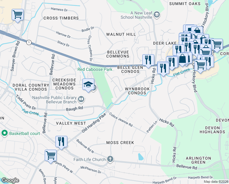 map of restaurants, bars, coffee shops, grocery stores, and more near Bradford Green in Nashville