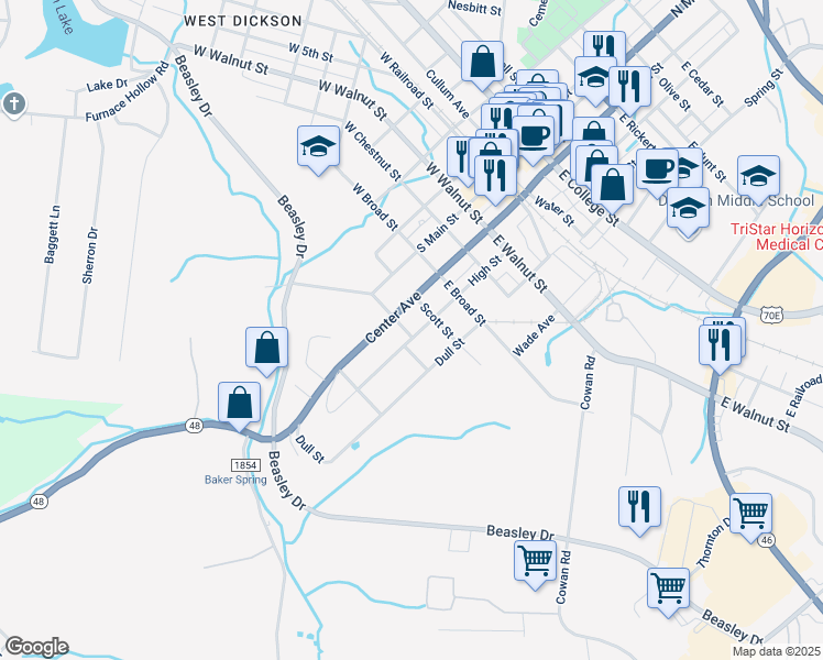 map of restaurants, bars, coffee shops, grocery stores, and more near 410 High Street in Dickson