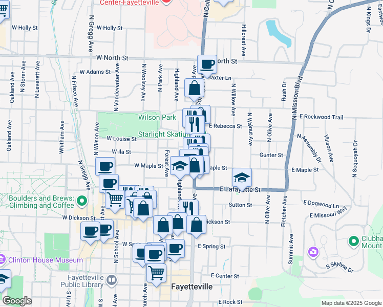 map of restaurants, bars, coffee shops, grocery stores, and more near 509 North College Avenue in Fayetteville