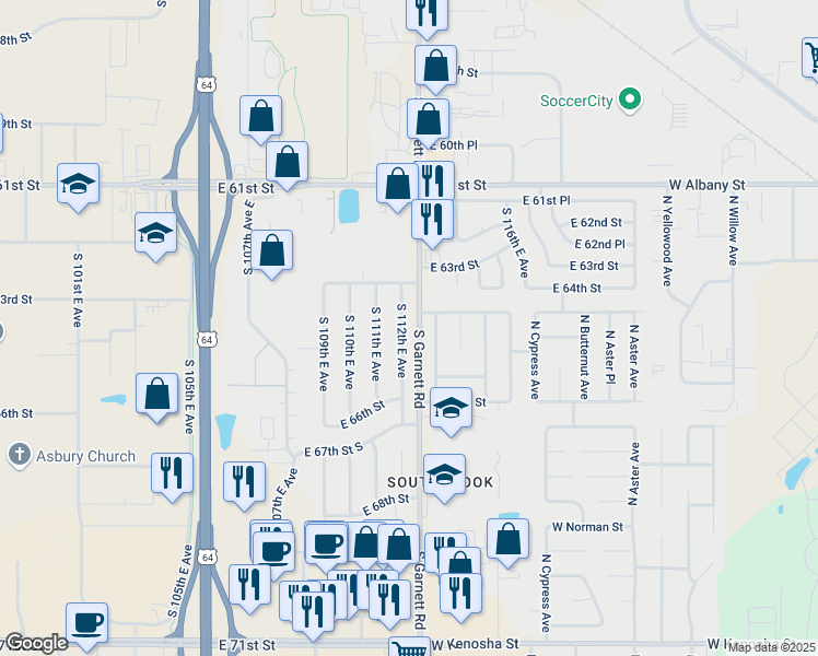 map of restaurants, bars, coffee shops, grocery stores, and more near 6421 South 112th East Avenue in Tulsa