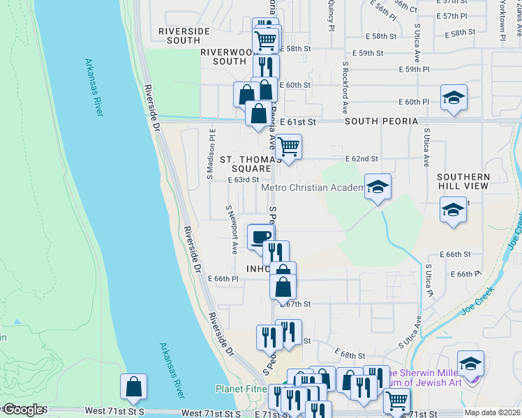 map of restaurants, bars, coffee shops, grocery stores, and more near 6404 South Peoria Avenue in Tulsa