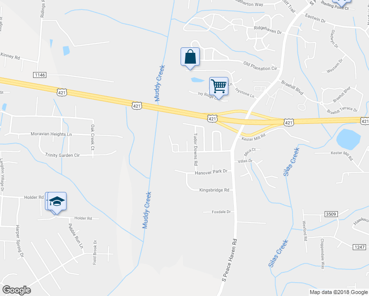 map of restaurants, bars, coffee shops, grocery stores, and more near 110 Exeter Court in Winston-Salem