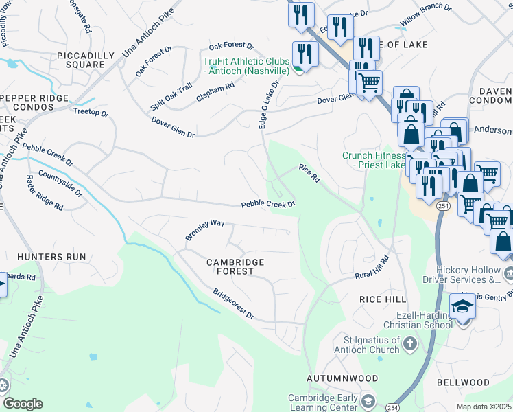 map of restaurants, bars, coffee shops, grocery stores, and more near 5196 Pebble Creek Dr in Nashville