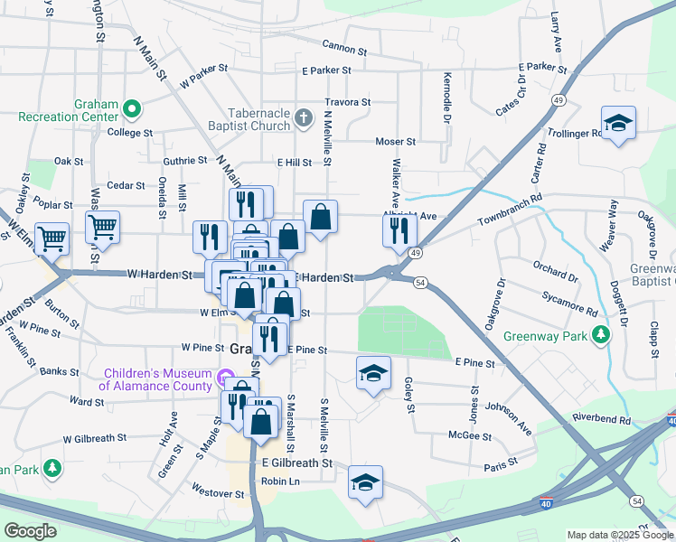 map of restaurants, bars, coffee shops, grocery stores, and more near 305 East Harden Street in Graham