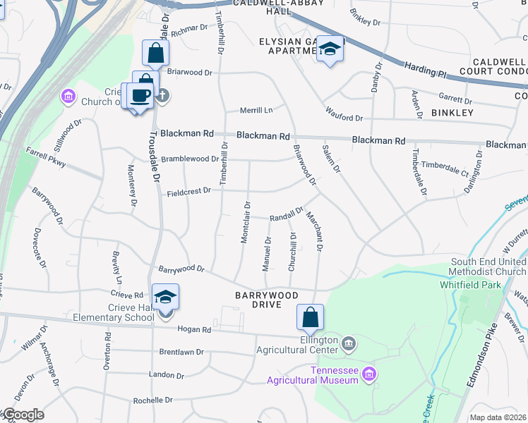 map of restaurants, bars, coffee shops, grocery stores, and more near 5001 Manuel Drive in Nashville