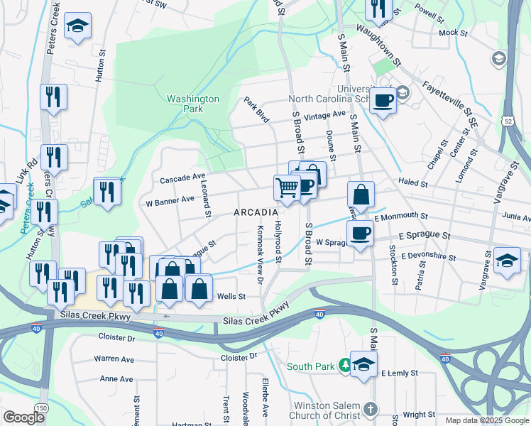 map of restaurants, bars, coffee shops, grocery stores, and more near 314 West Acadia Avenue in Winston-Salem