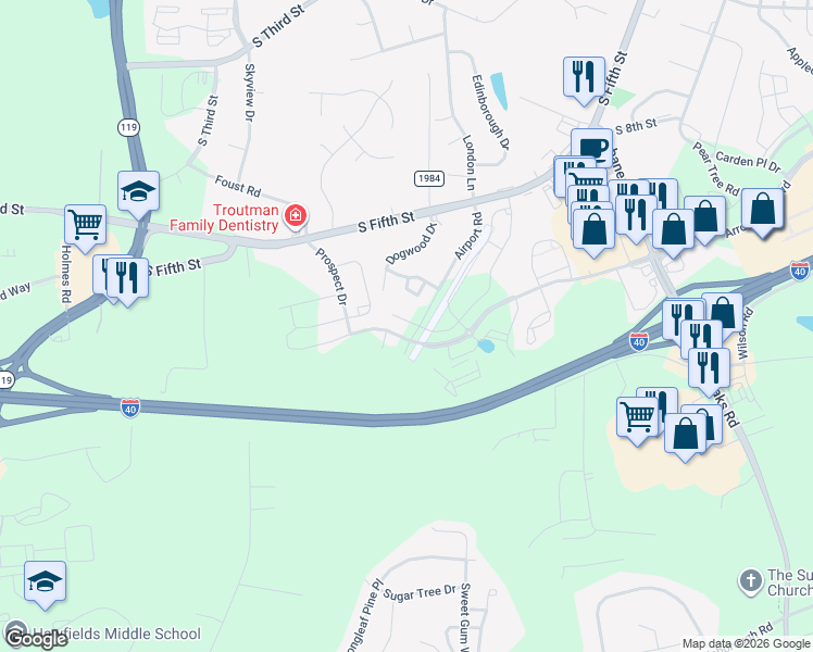 map of restaurants, bars, coffee shops, grocery stores, and more near 1003 Bryant Court in Mebane
