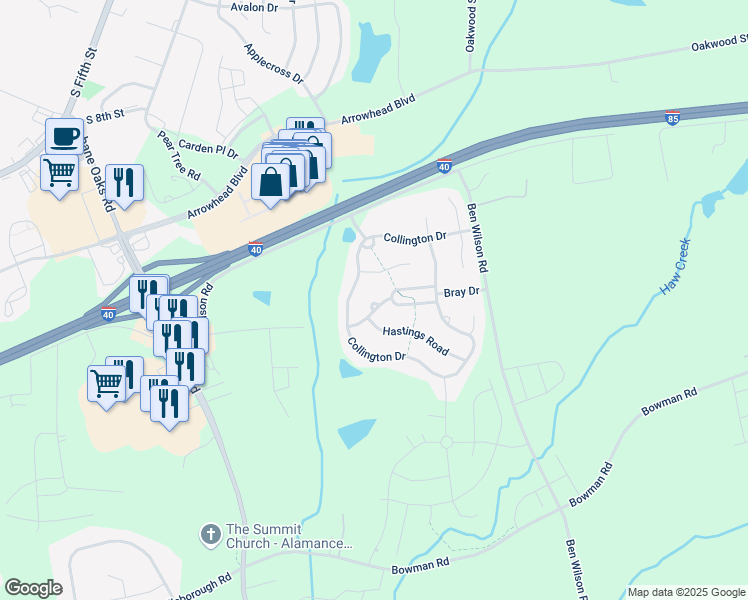 map of restaurants, bars, coffee shops, grocery stores, and more near 304 Sutton Place in Mebane