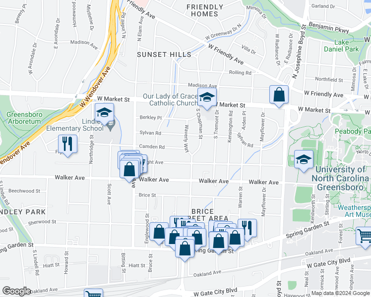 map of restaurants, bars, coffee shops, grocery stores, and more near 2308 Camden Road in Greensboro
