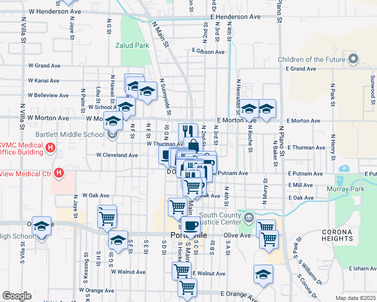map of restaurants, bars, coffee shops, grocery stores, and more near 291 North Main Street in Porterville