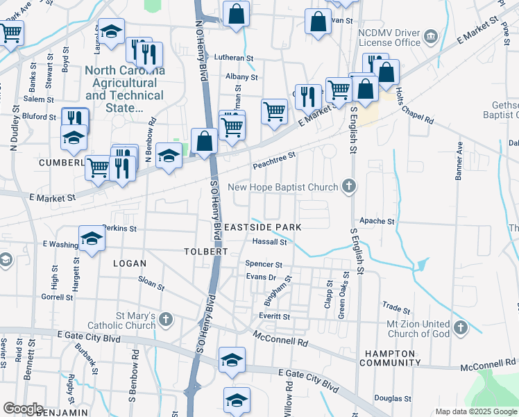 map of restaurants, bars, coffee shops, grocery stores, and more near 306 York Street in Greensboro