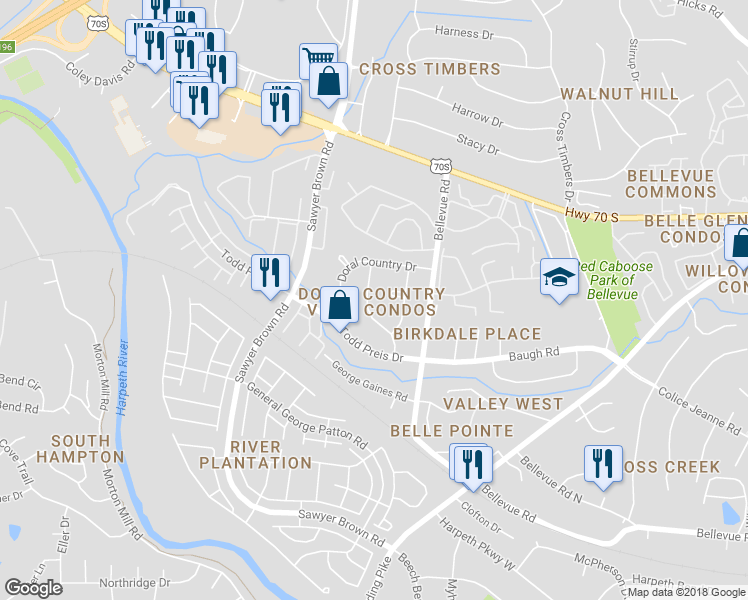map of restaurants, bars, coffee shops, grocery stores, and more near 728 Albar Drive in Nashville