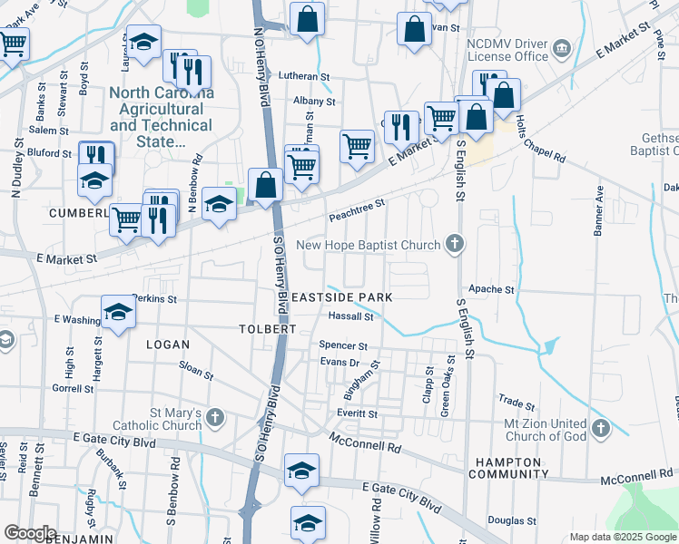 map of restaurants, bars, coffee shops, grocery stores, and more near 306 York Street in Greensboro