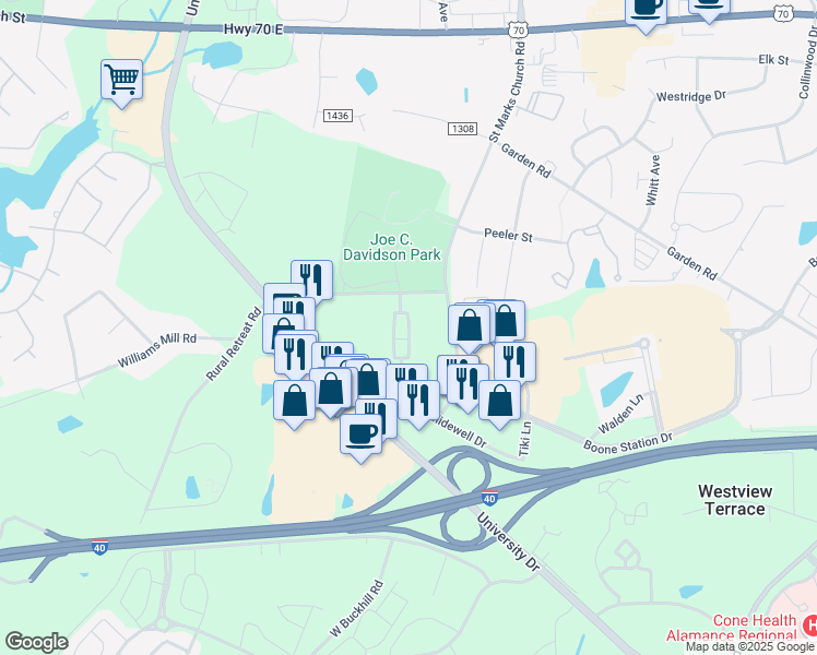 map of restaurants, bars, coffee shops, grocery stores, and more near Retreat Lane in Burlington